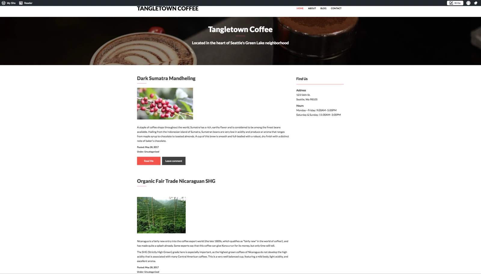 tangletown coffee wordpress site